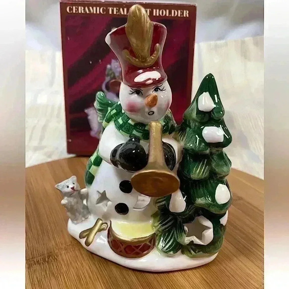 2001 S & H Christmas Hand Painted Trumpet Snowman Cat Tealight Candleholder Box - Picture 1 of 14